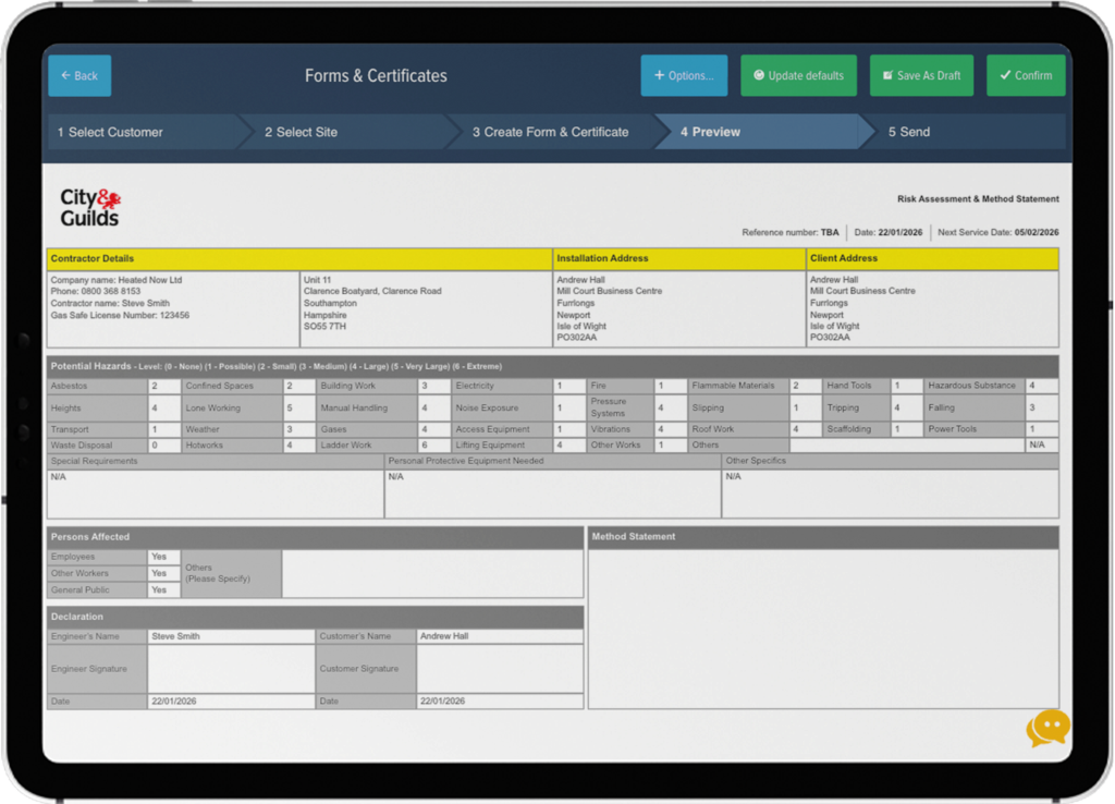 Construction risk assessment software on tablet