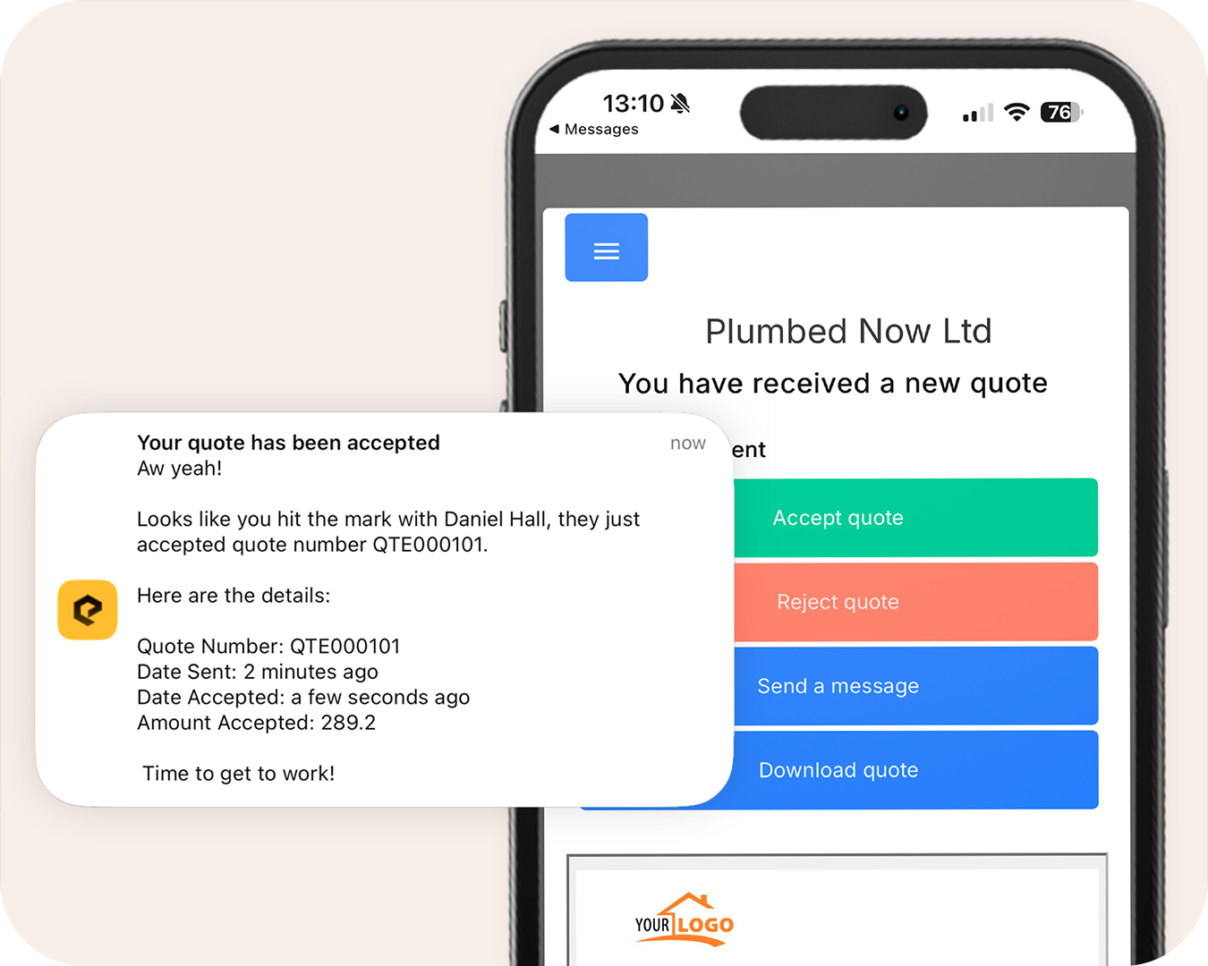 A signed, branded quote sent from the Powered Now app on site