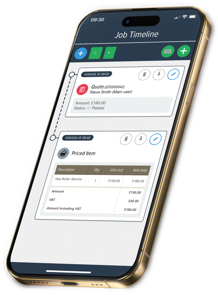 The Powered Now app on a phone, showing a job timeline with a quote for a gas boiler service and the VAT worked out
